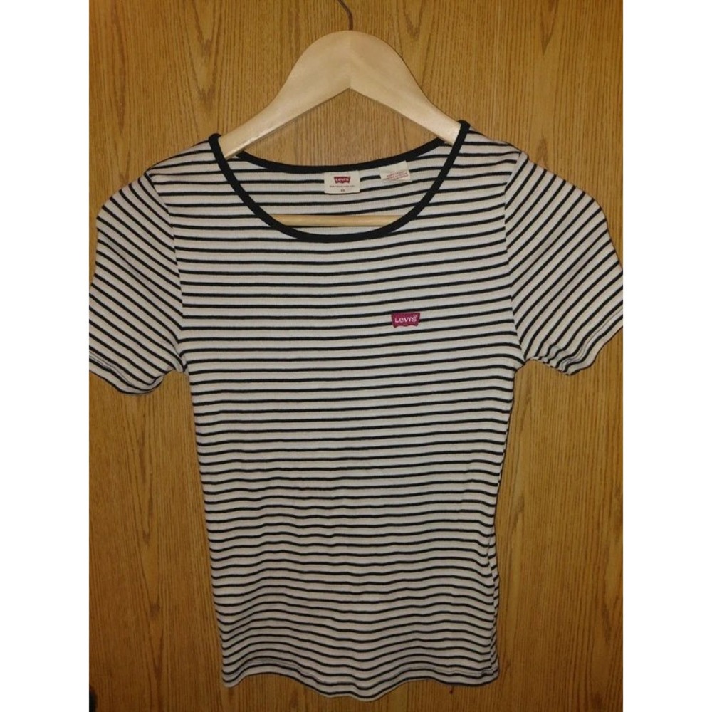 Levis Womens Striped Ribbed Knit Baby Tee Short Sleeve Scoop Neck XS Blue Cream